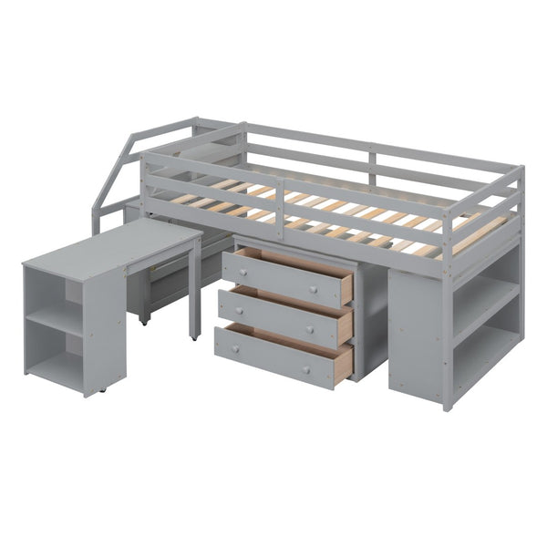 HomeRoots Gray Twin Loft Bed with Desk, Drawers & Shelving – Space-Saving Design for Stylish Bedrooms! 590535