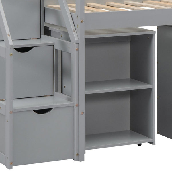 HomeRoots Gray Twin Loft Bed with Desk, Drawers & Shelving – Space-Saving Design for Stylish Bedrooms! 590535