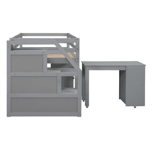 HomeRoots Gray Twin Loft Bed with Desk, Drawers & Shelving – Space-Saving Design for Stylish Bedrooms! 590535