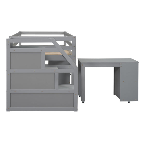 HomeRoots Gray Twin Loft Bed with Desk, Drawers & Shelving – Space-Saving Design for Stylish Bedrooms! 590535