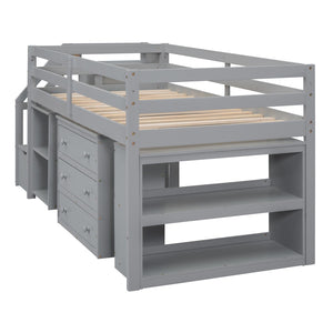 HomeRoots Gray Twin Loft Bed with Desk, Drawers & Shelving – Space-Saving Design for Stylish Bedrooms! 590535