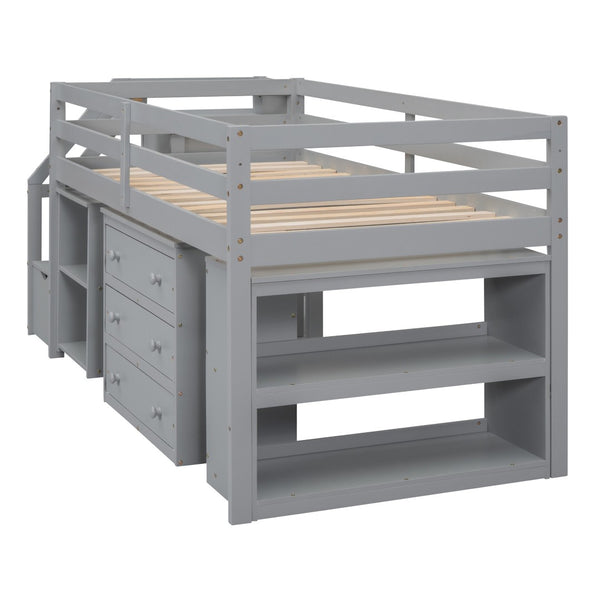 HomeRoots Gray Twin Loft Bed with Desk, Drawers & Shelving – Space-Saving Design for Stylish Bedrooms! 590535