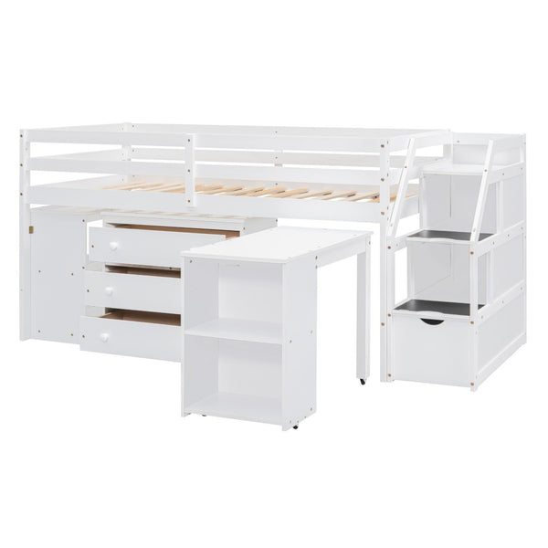HomeRoots White Twin Loft Bed with Integrated Desk & Storage Shelves – Space-Saving Design for Kids' Rooms! 590536
