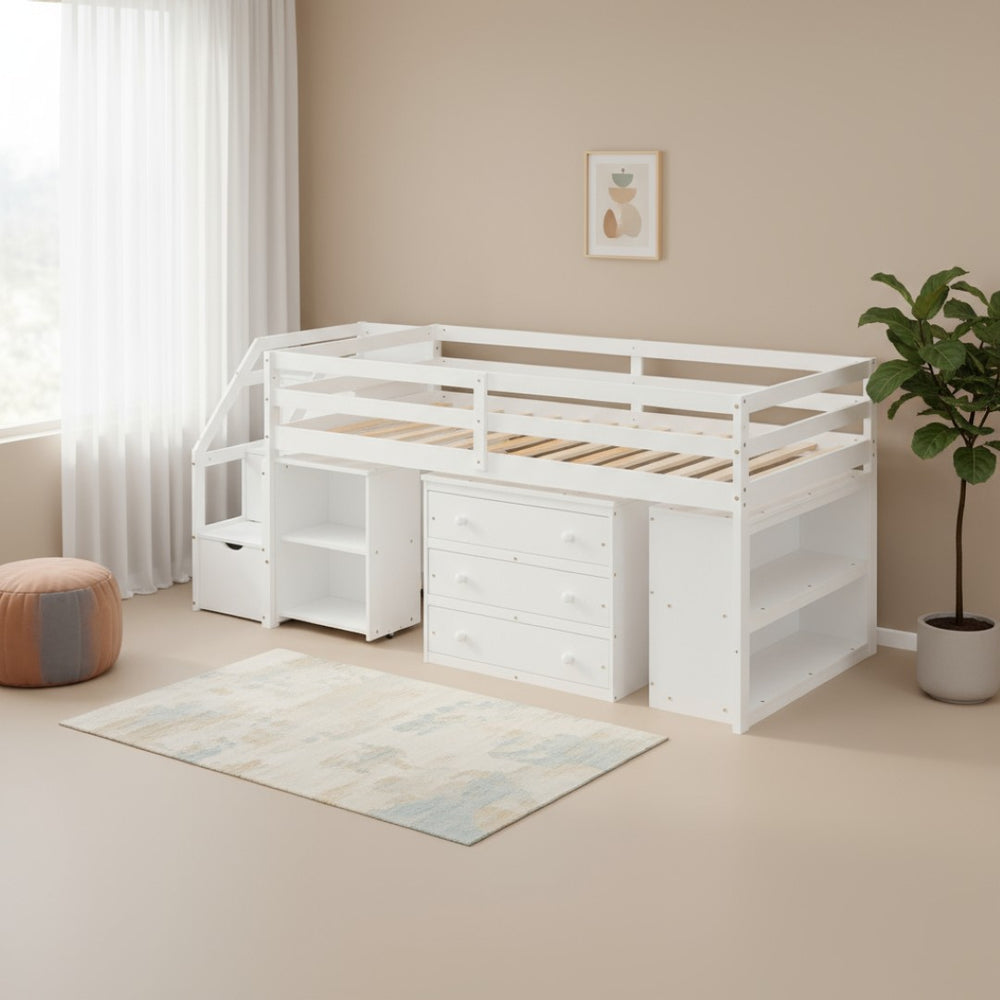 HomeRoots White Twin Loft Bed with Integrated Desk & Storage Shelves – Space-Saving Design for Kids' Rooms! 590536