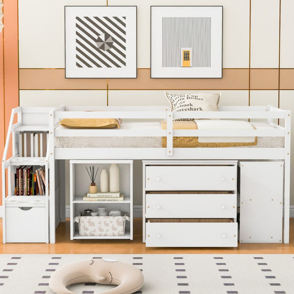HomeRoots White Twin Loft Bed with Integrated Desk & Storage Shelves – Space-Saving Design for Kids' Rooms! 590536