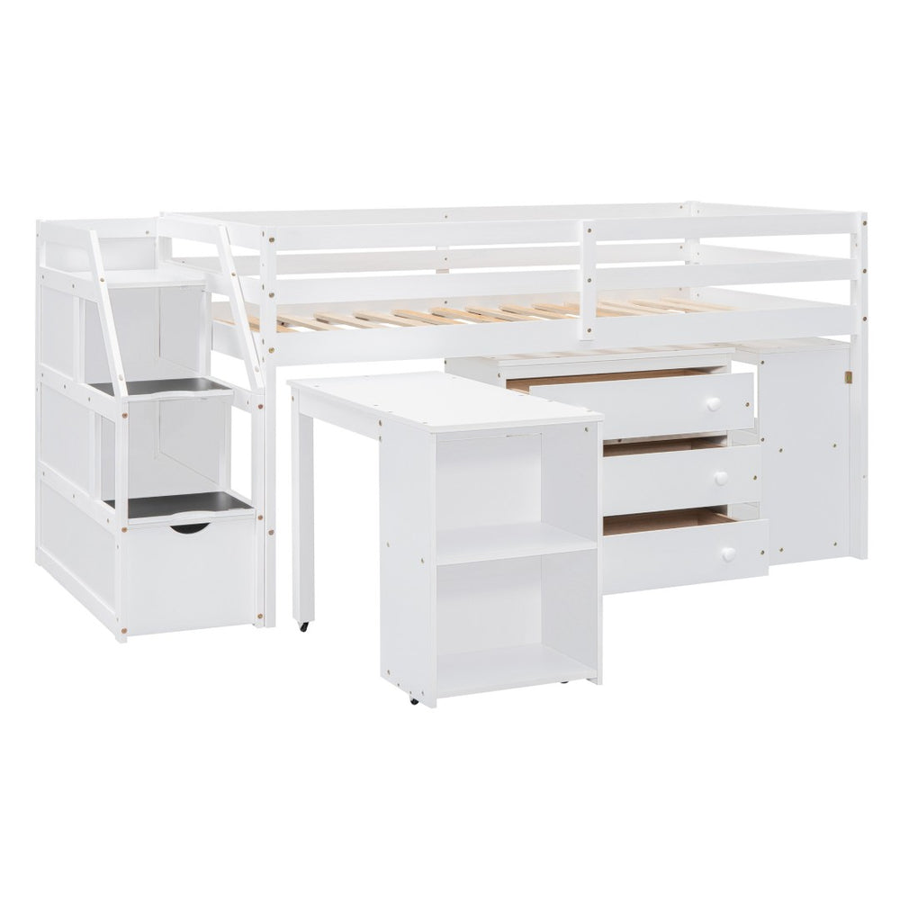 HomeRoots White Twin Loft Bed with Integrated Desk & Storage Shelves – Space-Saving Design for Kids' Rooms! 590536