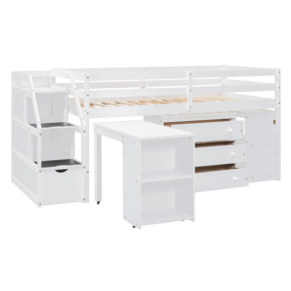 HomeRoots White Twin Loft Bed with Integrated Desk & Storage Shelves – Space-Saving Design for Kids' Rooms! 590536