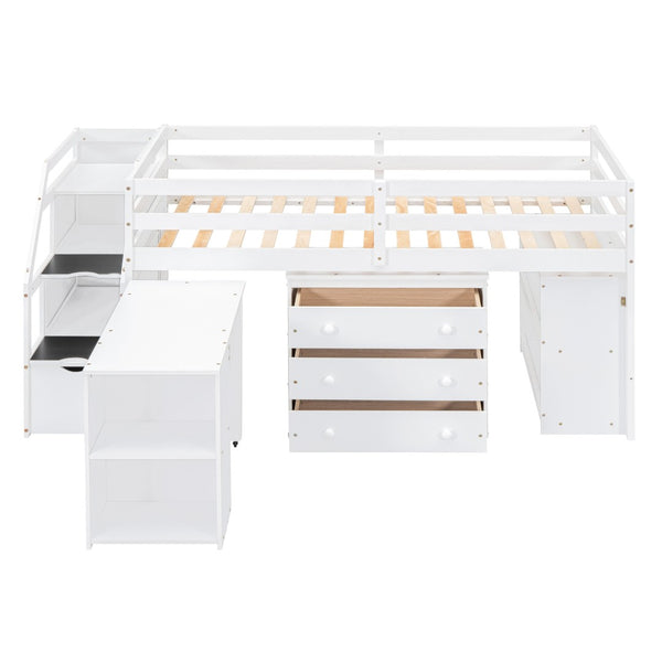 HomeRoots White Twin Loft Bed with Integrated Desk & Storage Shelves – Space-Saving Design for Kids' Rooms! 590536