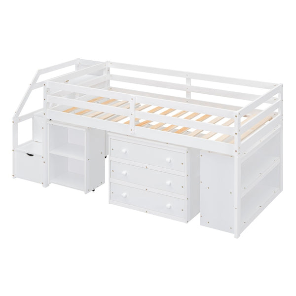 HomeRoots White Twin Loft Bed with Integrated Desk & Storage Shelves – Space-Saving Design for Kids' Rooms! 590536