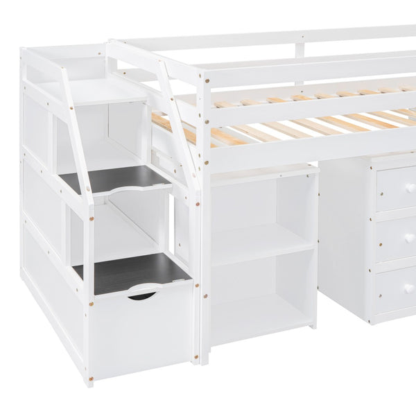 HomeRoots White Twin Loft Bed with Integrated Desk & Storage Shelves – Space-Saving Design for Kids' Rooms! 590536