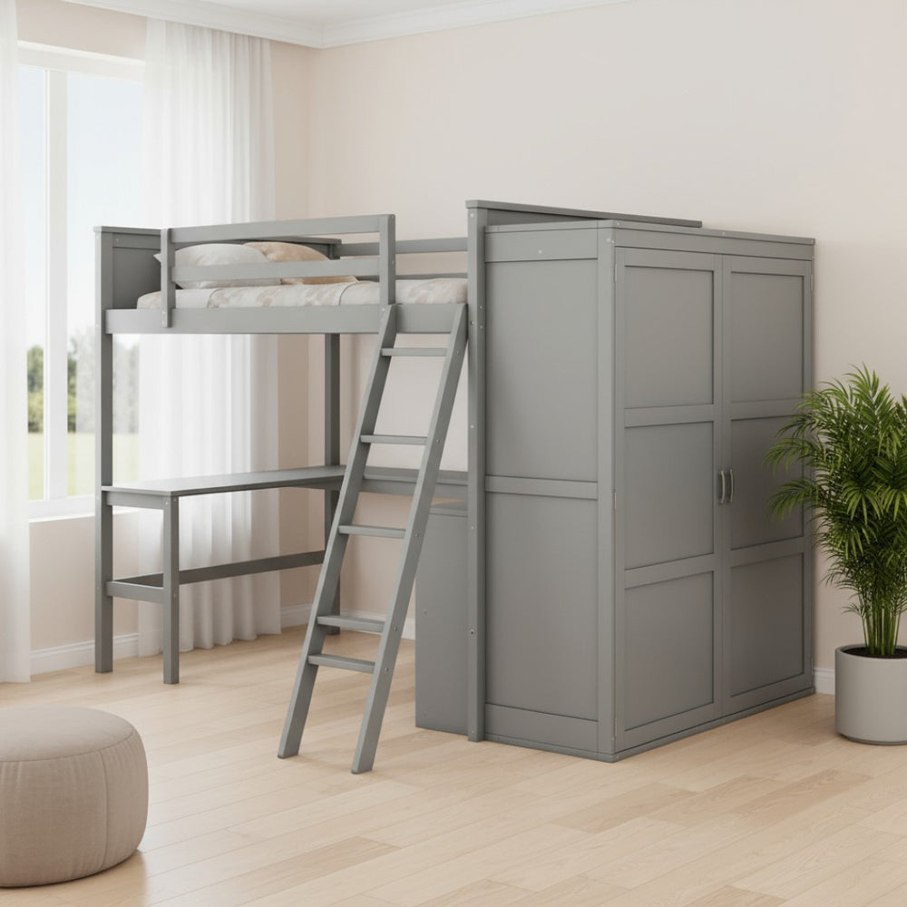 HomeRoots Gray Loft Bed with Integrated Desk & Storage Shelves - Full/Double Space-Saving Design for Modern Rooms 590537