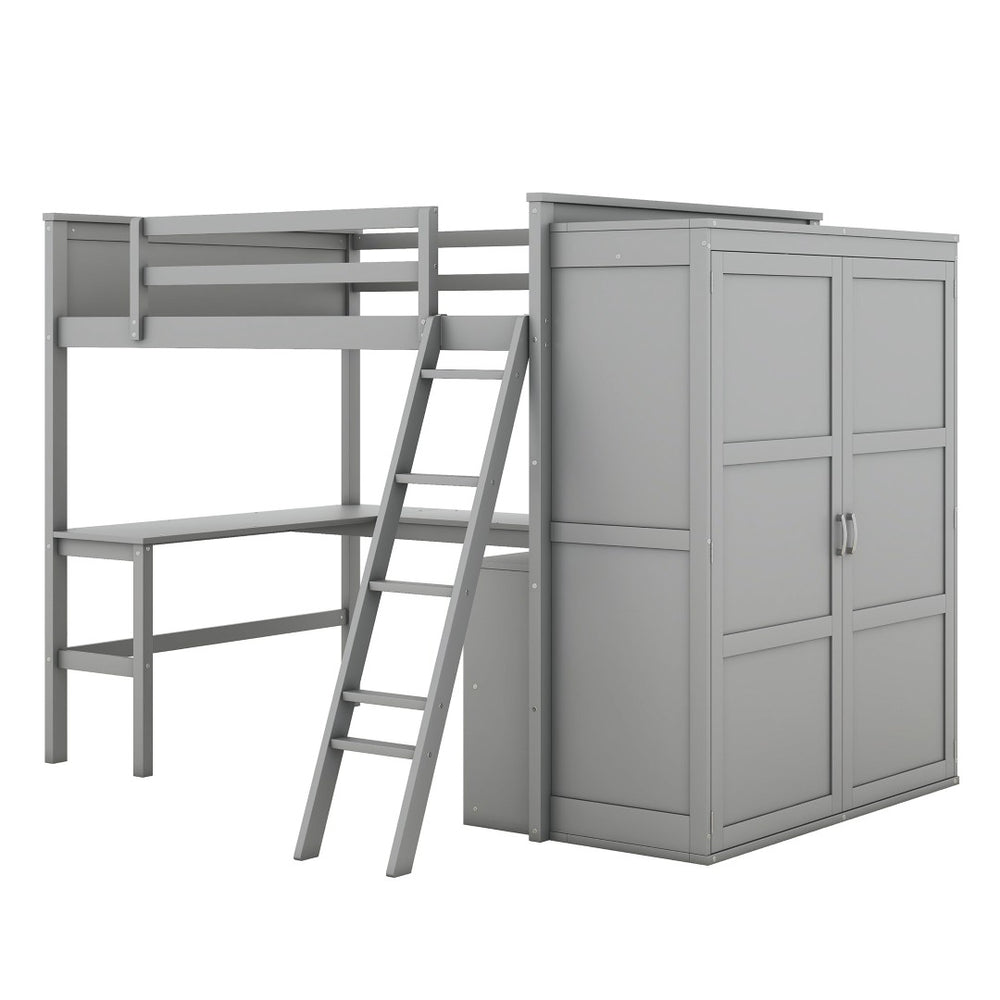 HomeRoots Gray Loft Bed with Integrated Desk & Storage Shelves - Full/Double Space-Saving Design for Modern Rooms 590537