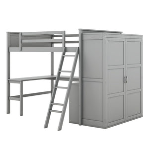 HomeRoots Gray Loft Bed with Integrated Desk & Storage Shelves - Full/Double Space-Saving Design for Modern Rooms 590537