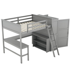 HomeRoots Gray Loft Bed with Integrated Desk & Storage Shelves - Full/Double Space-Saving Design for Modern Rooms 590537