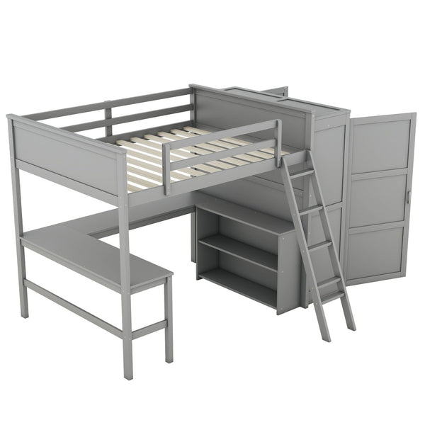 HomeRoots Gray Loft Bed with Integrated Desk & Storage Shelves - Full/Double Space-Saving Design for Modern Rooms 590537