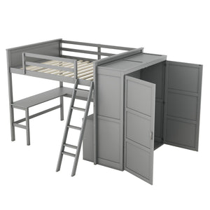 HomeRoots Gray Loft Bed with Integrated Desk & Storage Shelves - Full/Double Space-Saving Design for Modern Rooms 590537