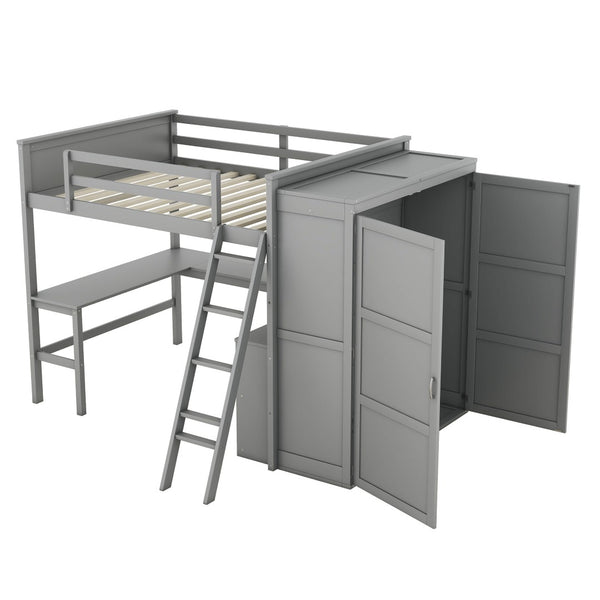 HomeRoots Gray Loft Bed with Integrated Desk & Storage Shelves - Full/Double Space-Saving Design for Modern Rooms 590537