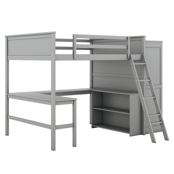 HomeRoots Gray Loft Bed with Integrated Desk & Storage Shelves - Full/Double Space-Saving Design for Modern Rooms 590537