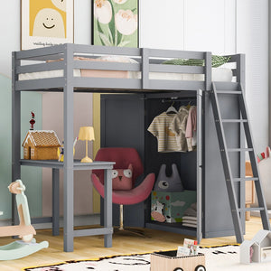 HomeRoots Gray Twin Loft Bed with Integrated Desk & Shelving – Space-Saving Design for Modern Bedrooms! 590538