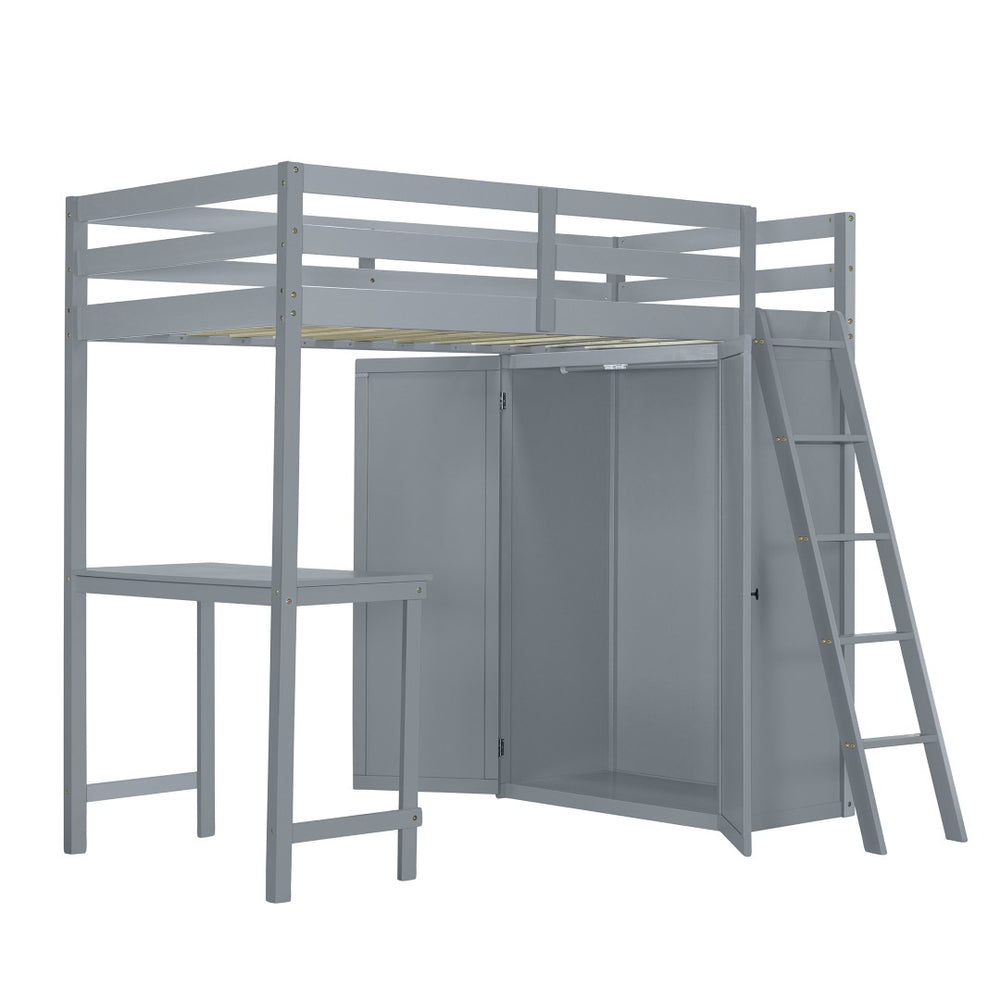 HomeRoots Gray Twin Loft Bed with Integrated Desk & Shelving – Space-Saving Design for Modern Bedrooms! 590538