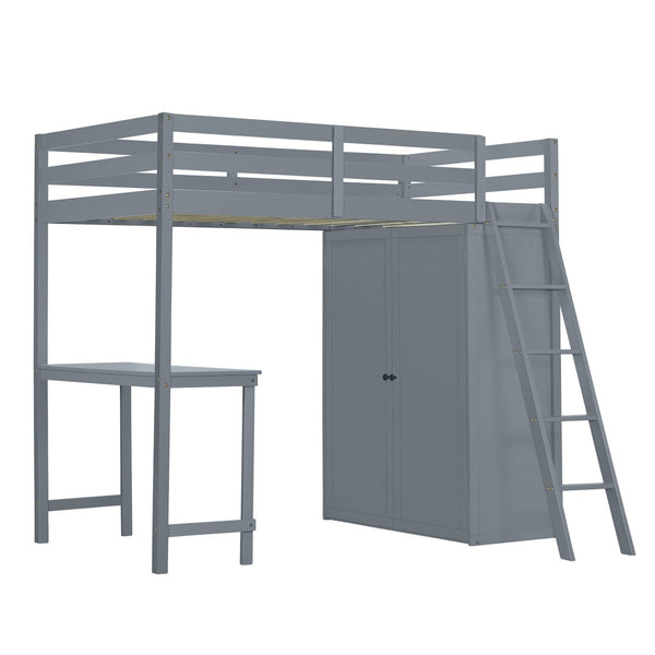 HomeRoots Gray Twin Loft Bed with Integrated Desk & Shelving – Space-Saving Design for Modern Bedrooms! 590538