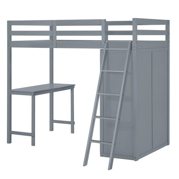 HomeRoots Gray Twin Loft Bed with Integrated Desk & Shelving – Space-Saving Design for Modern Bedrooms! 590538