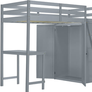 HomeRoots Gray Twin Loft Bed with Integrated Desk & Shelving – Space-Saving Design for Modern Bedrooms! 590538