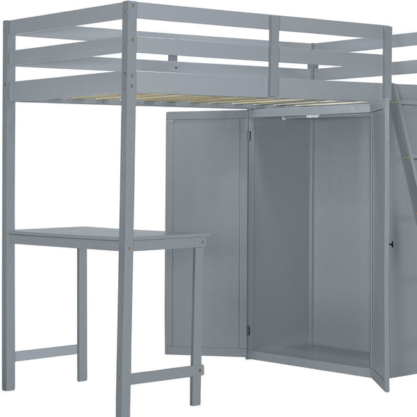 HomeRoots Gray Twin Loft Bed with Integrated Desk & Shelving – Space-Saving Design for Modern Bedrooms! 590538
