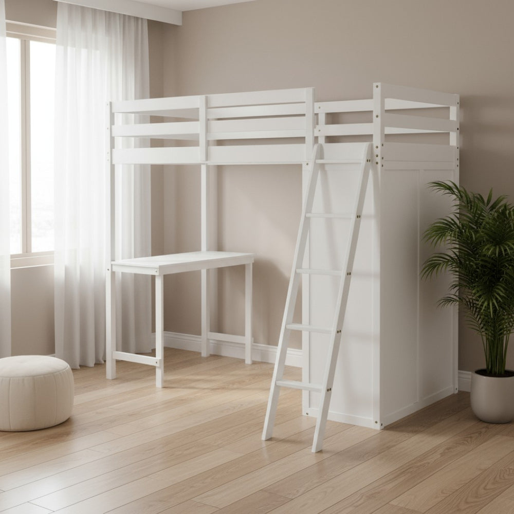HomeRoots White Twin Loft Bed with Integrated Desk & Shelving - Space-Saving Design for Small Rooms 590539