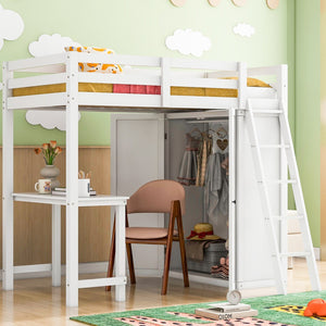 HomeRoots White Twin Loft Bed with Integrated Desk & Shelving - Space-Saving Design for Small Rooms 590539