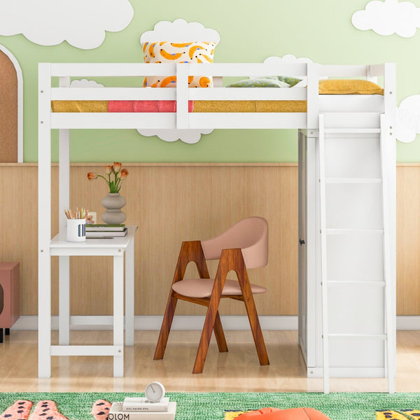 HomeRoots White Twin Loft Bed with Integrated Desk & Shelving - Space-Saving Design for Small Rooms 590539