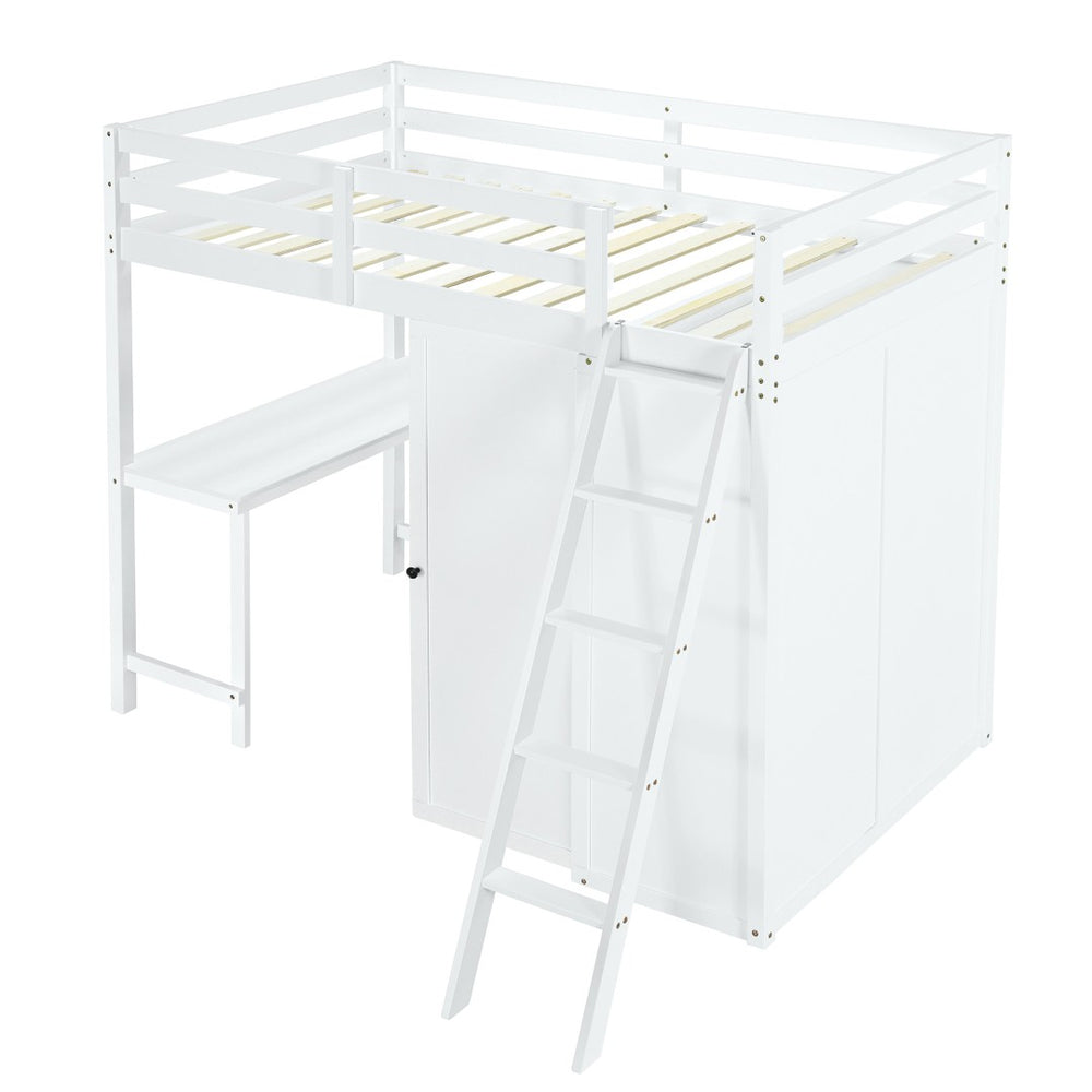 HomeRoots White Twin Loft Bed with Integrated Desk & Shelving - Space-Saving Design for Small Rooms 590539