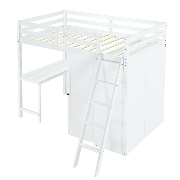 HomeRoots White Twin Loft Bed with Integrated Desk & Shelving - Space-Saving Design for Small Rooms 590539