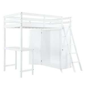 HomeRoots White Twin Loft Bed with Integrated Desk & Shelving - Space-Saving Design for Small Rooms 590539