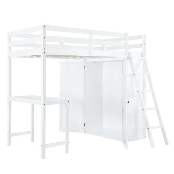 HomeRoots White Twin Loft Bed with Integrated Desk & Shelving - Space-Saving Design for Small Rooms 590539