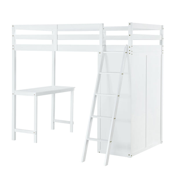 HomeRoots White Twin Loft Bed with Integrated Desk & Shelving - Space-Saving Design for Small Rooms 590539