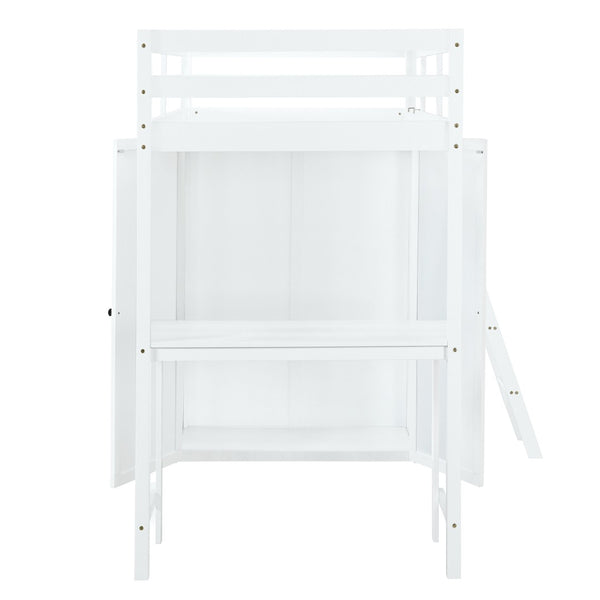 HomeRoots White Twin Loft Bed with Integrated Desk & Shelving - Space-Saving Design for Small Rooms 590539