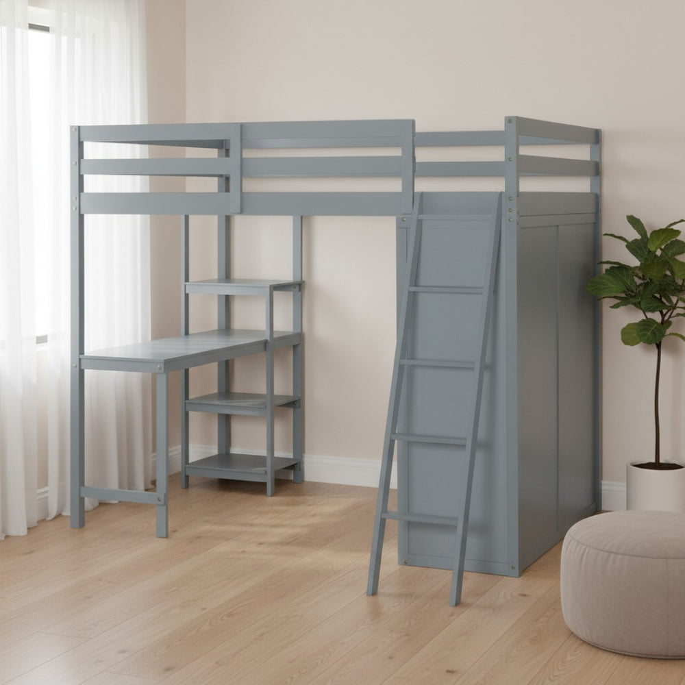 HomeRoots Gray Platform Loft Bed with Integrated Desk, Shelves & Space-Saving Design for Modern Bedrooms 590540