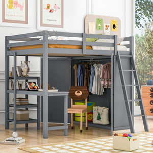 HomeRoots Gray Platform Loft Bed with Integrated Desk, Shelves & Space-Saving Design for Modern Bedrooms 590540