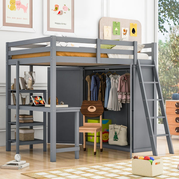 HomeRoots Gray Platform Loft Bed with Integrated Desk, Shelves & Space-Saving Design for Modern Bedrooms 590540