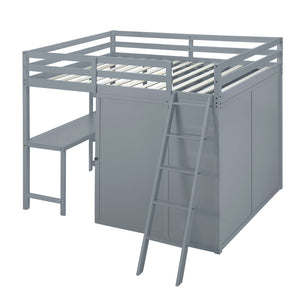 HomeRoots Gray Platform Loft Bed with Integrated Desk, Shelves & Space-Saving Design for Modern Bedrooms 590540