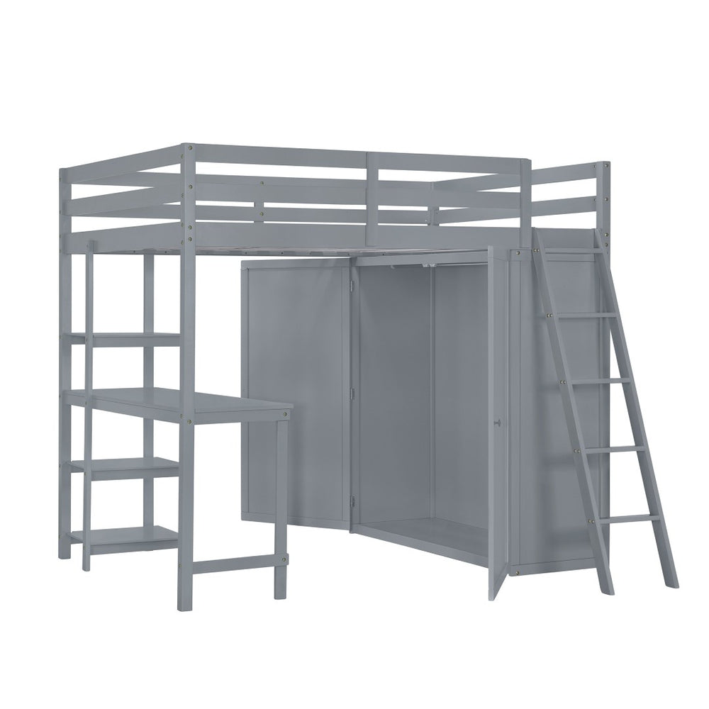 HomeRoots Gray Platform Loft Bed with Integrated Desk, Shelves & Space-Saving Design for Modern Bedrooms 590540