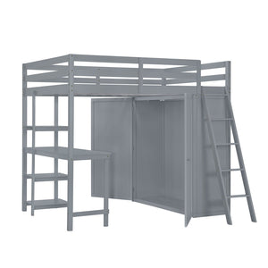 HomeRoots Gray Platform Loft Bed with Integrated Desk, Shelves & Space-Saving Design for Modern Bedrooms 590540
