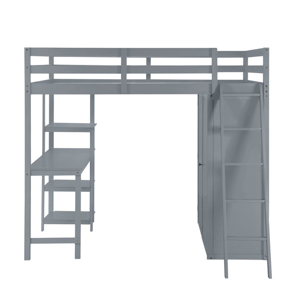 HomeRoots Gray Platform Loft Bed with Integrated Desk, Shelves & Space-Saving Design for Modern Bedrooms 590540