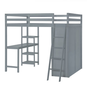 HomeRoots Gray Platform Loft Bed with Integrated Desk, Shelves & Space-Saving Design for Modern Bedrooms 590540