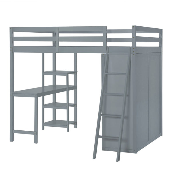 HomeRoots Gray Platform Loft Bed with Integrated Desk, Shelves & Space-Saving Design for Modern Bedrooms 590540