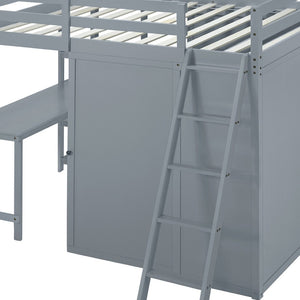 HomeRoots Gray Platform Loft Bed with Integrated Desk, Shelves & Space-Saving Design for Modern Bedrooms 590540