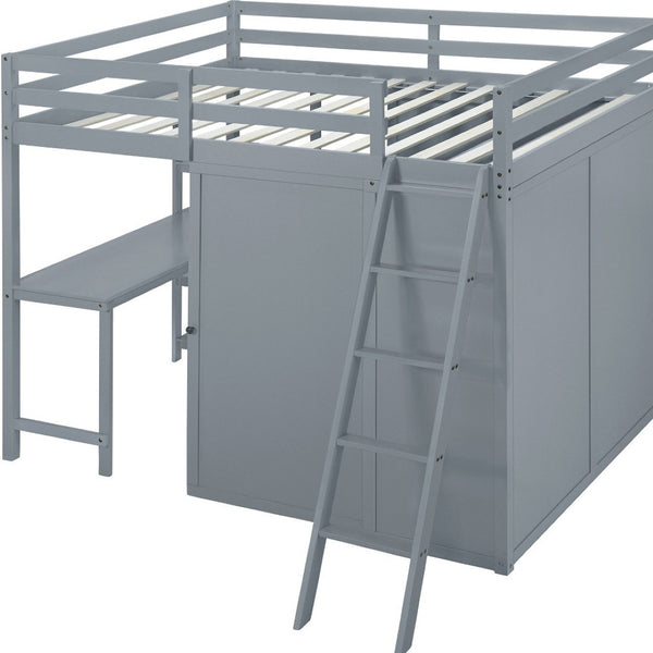 HomeRoots Gray Platform Loft Bed with Integrated Desk, Shelves & Space-Saving Design for Modern Bedrooms 590540