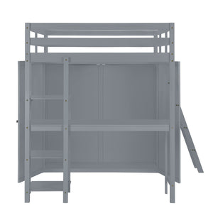 HomeRoots Gray Platform Loft Bed with Integrated Desk, Shelves & Space-Saving Design for Modern Bedrooms 590540