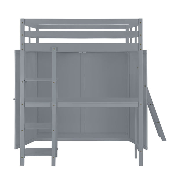 HomeRoots Gray Platform Loft Bed with Integrated Desk, Shelves & Space-Saving Design for Modern Bedrooms 590540